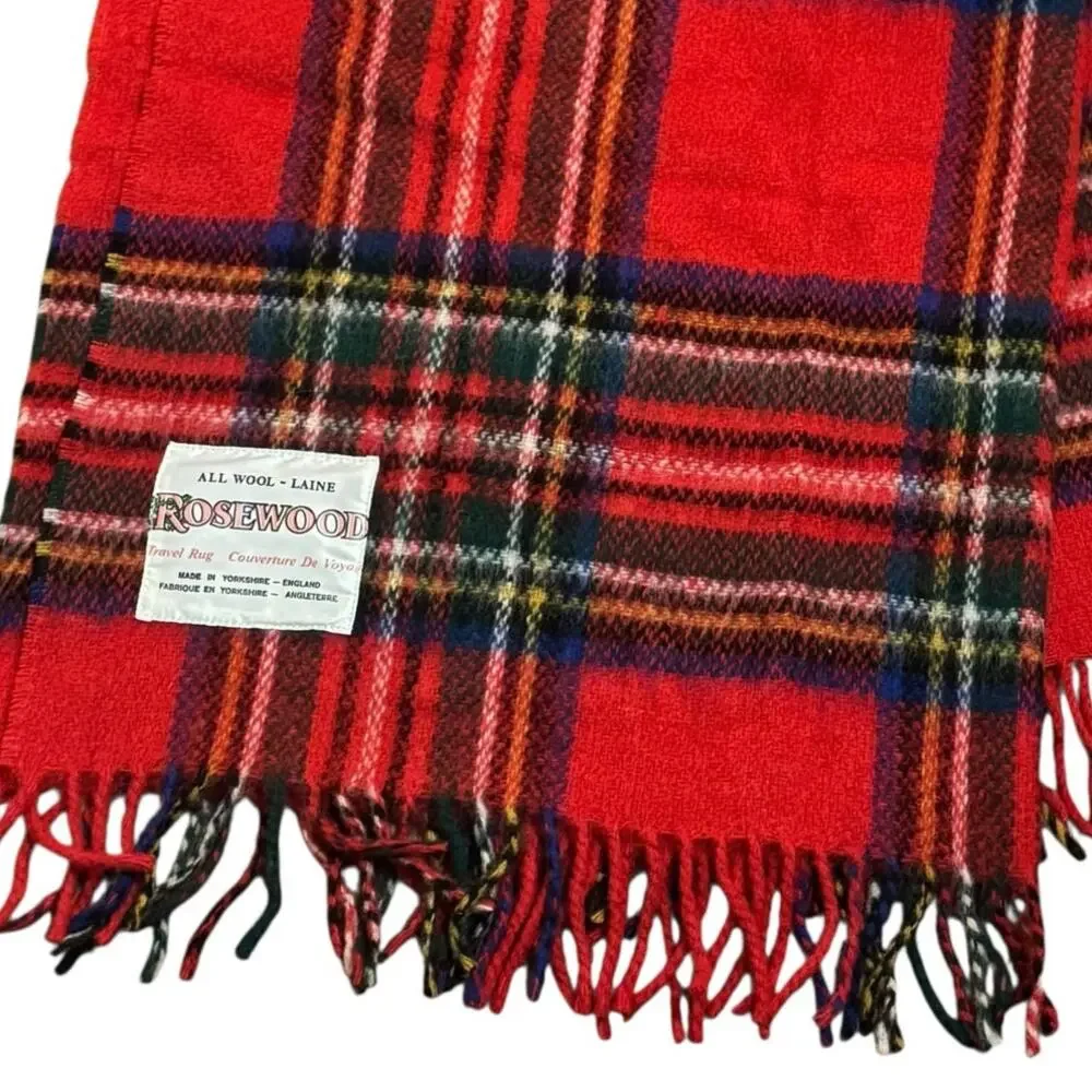 Vintage Tartan Plaid Rosewood 100% Wool Travel Rug Blanket Yorkshire England